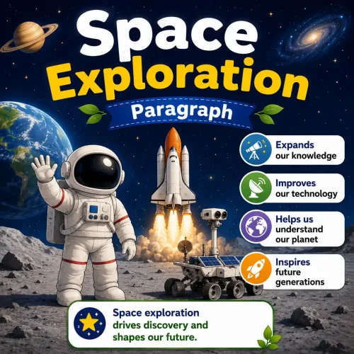 A rocket launching into space symbolizing space exploration, studying space exploration paragraph for WBBSE Madhyamik Class 10 English