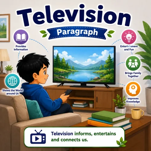 A family watching an educational program on a smart television, studying television paragraph for WBBSE Madhyamik Class 10 English